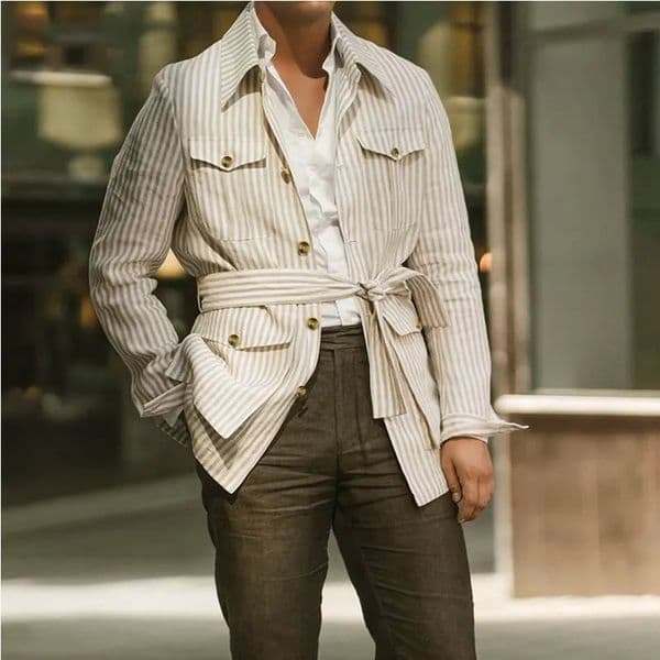 Spring Clothing Mens Light y Long Sleeve Striped Pocket Shirt Casual Streetwear Button-down Shirt with Belt S-5XL 260324