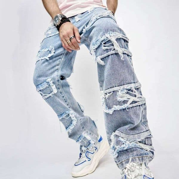 2023 Fall New Streetwear Mens Denim Pants Fashion Ripped Patchwork Straight Jeans Men Y2K Style Vintage Pure Color Jean Pant S260327