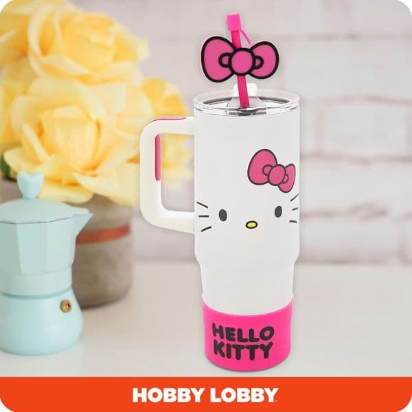 Hobby Lobby Hello Kitty Stainless Steel Tumbler with Straw Grip Base 30 Oz White Pink Gray Yellow