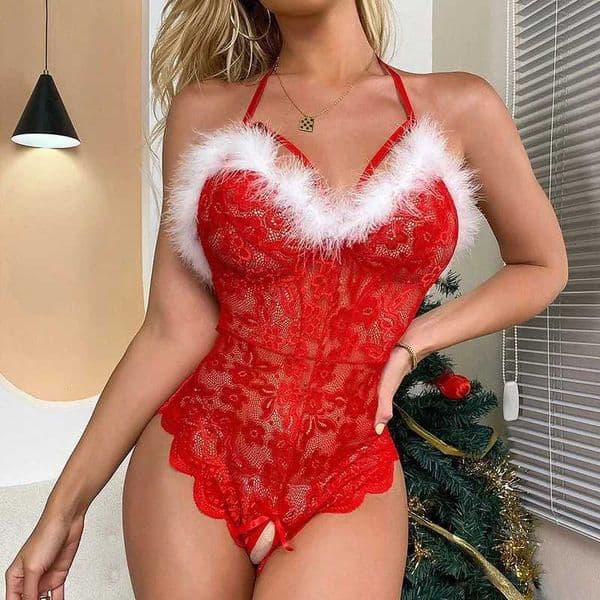 Christmas Set Women Sexy Lingerie Red Babydoll Lace Dress Sleepwear Costume Hot Erotic Underwear Transparent S26327