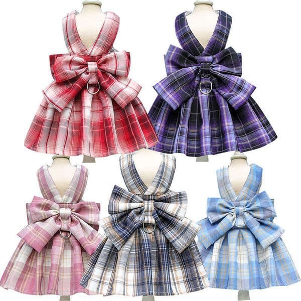Plaid Bow Dog Harness Dress, JK Style Pet Princess Outfit with D-Ring for Small Dogs Cats, Vintage Puppy Walking Vest for Pomeranian Yorkie