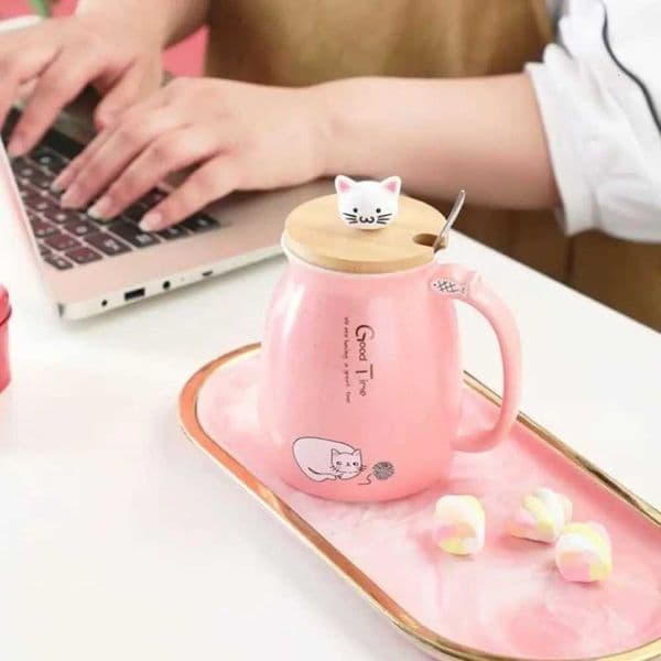 Cute Japanese Style Cartoon Cat Mug Ceramic 450ml Tea Cup with Spoon with Wooden Lid Coffee Mug KidsT260328