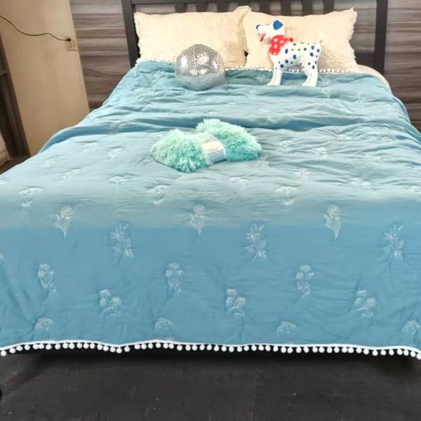 Dusty Blue Floral Embroidered Quilted Bedspread with Pom Pom Trim
