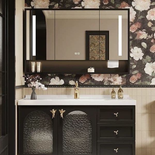 Vintage-style rattan bathroom cabinet integrated rock slab washbasin, solid wood washstand, French retro minimalist design