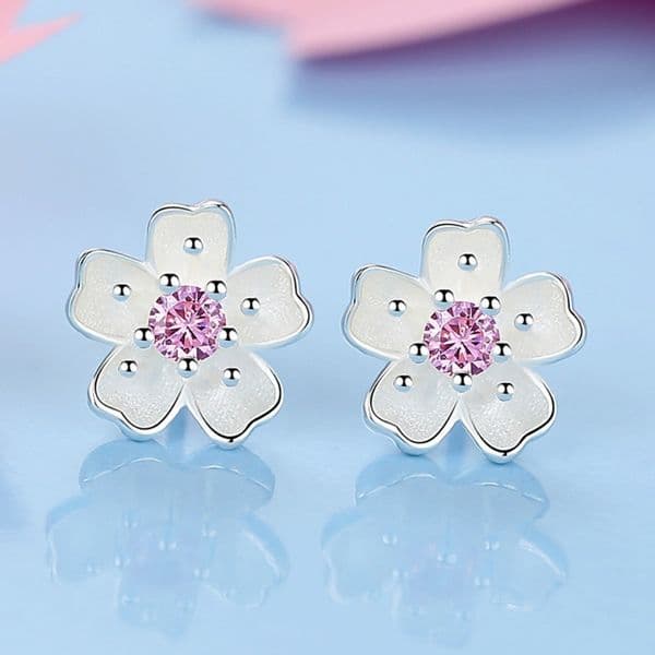 Fashion Plated 925 Silver Mori Literary Powder Crystal Cherry Blossom Stud Earrings Simple Pink Crystal Earrings Student Jewelry