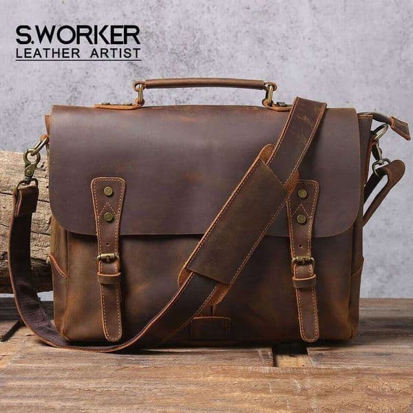 989 21 shoes 12 S.WORKER Vintage Genuine Men's Briefcase Laptop Messenger Bag Crazy Horse Leather Handbag Cowhide Retro Casual Style