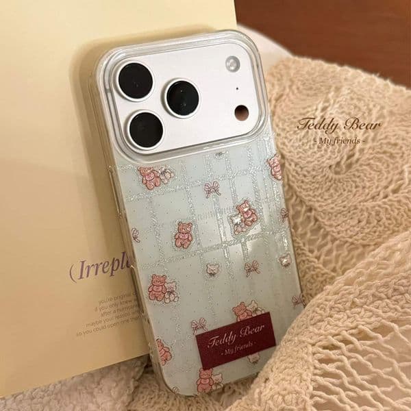Korean Plaid Cartoon Bear Glitter Phone Case For iPhone case 17 Air 16 15 14 13 12 11 Pro Max XS XR X 7 8 Plus Shockproof Hard Cover Z260522