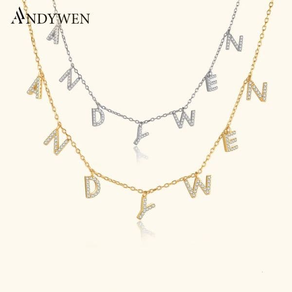 ANDYWEN 925 Sterling Silver Gold Personalized Name Pendant Necklace Alpahbet Birthday Gift Valentiens European Initial Jewelry 260325