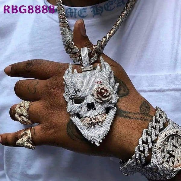 Mens iced out devil face pendant necklace with moissanite rope chain hip hop jewellery in gold silver rose tones
