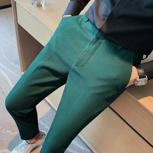 Fashion Business Casual Mens Pants Cropped Pants Waffle Pattern Trend Spring Summer Casual Trousers Dark Green White 28-38 260327