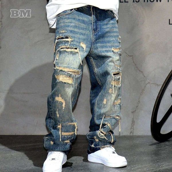 Mens Ripped Baggy Jeans Distressed Denim Streetwear Skateboard Pants Straight Leg Patchwork Oversized Urban Fashion Workwear S260327