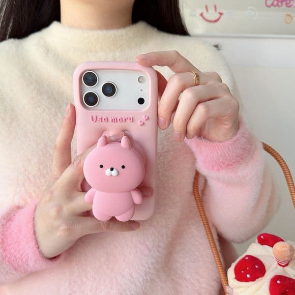 LX897 3D Anime Usamaru Rabbit Telescopic Bracket Phone Case Soft Silicone Stand Holder Cover For iPhone case 17 16 Plus 15 14 13 12 Pro Max