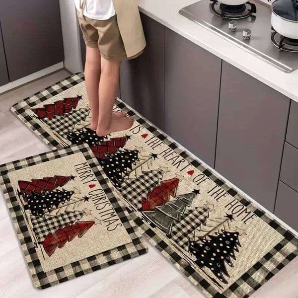 VIKAMA Christmas Tree Theme Rug, Soft Non-Slip Home Decor, Entrance Hall Doormat, Kitchen Two-Piece Set, Bathroom Foot Mat 26H0330