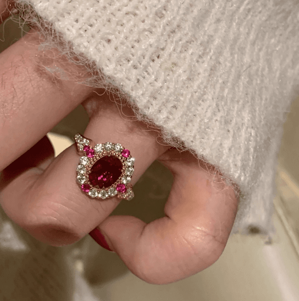 Rose Ruby Halo Statement Ring Gold Plated High End Luxury Elegant Jewelry with Double Layer Pave Accents for Bridal Parties Special Events and Romantic Occasions