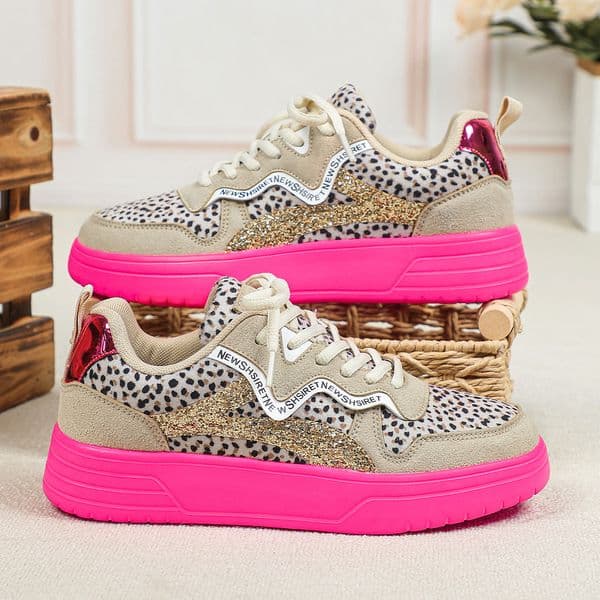 Kids Teen Girls Women Leopard Glitter Sneakers Neon Pink Sole Casual Fashion Walking Casual Shoes Breathable Comfort School Street Style Daily Wear Free Shipping
