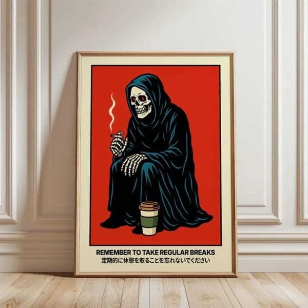 Grim Reaper Break Poster Take Regular Breaks SignCoffee Skeleton Wall ArtDark Humor PrintJapanese Office Wall Art Decoration X260328