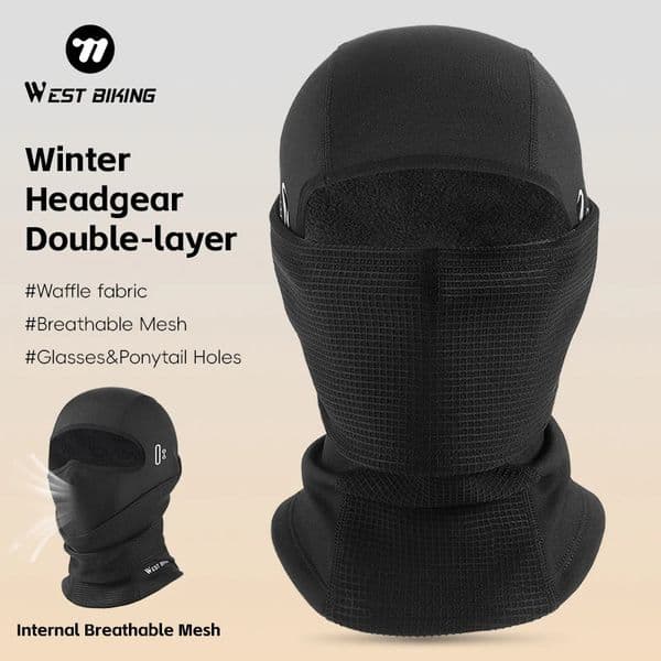 WEST BIKING Winter Motorcycle Bicycle Balaclava Mask Waffle Brushed Fabric Thermal Cycling Headgear With Glasses Ponytail Hole 260327