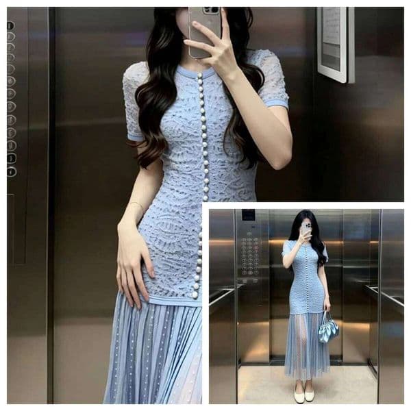 Asian Size Mist Blue Luxury Evening Lace Beaded Long Knitted Dress High-End Women's Clothing Spring New Style Mdng260330