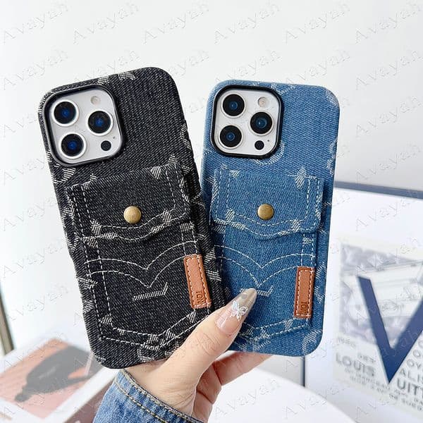 Luxury Jeans Flower Card Pocket Phone Case for iPhone 17 Air 16 16pro 15 15pro 14 14pro 13 12 Pro Max 12promax Letter Flower Designer Cases Shoulder Crossbody Cover