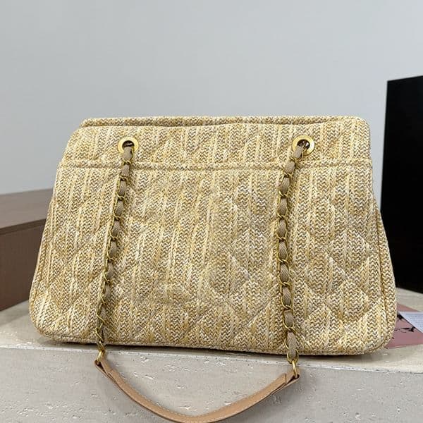 Designer Straw Woven Beach Shopping Bag Ladys Shoulder Bags Classic Checkered Pattern Gold Metal Chain Luxury Handbag Underarm Travel Airport Bags 37cm
