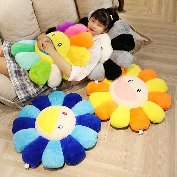 Colorful Rainbow Plush Cute Smile Flower Pillow Sunflower Stuffed Soft Office Sleeping Back Cushion Sofa Decorations Cartoon plush toy backrest cushion Wholesale