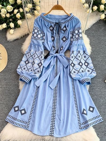 Retro Embroidered round Neck Dress Womens Loose A-Line Midi Skirt City Commute Casual Long Sleeve Drawstring Waist 260325