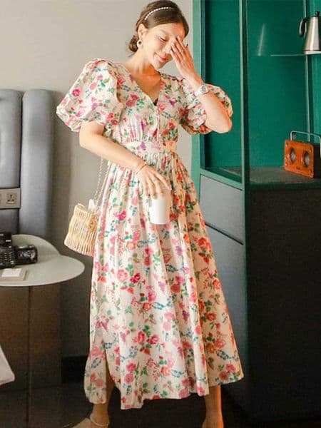 Korean Summer Elegant Women Long Dress Mujer Floral Print Puff Slve Maxi Dresses Party Beach Ladies Strtwear Robe Vestidos W260328