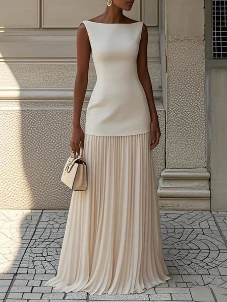 Twopiece Set Women Elegant Solid Splice Pleated Skirts Sexy Slash Neck Sleeveless Tank Hollow Slim Maxi 260313