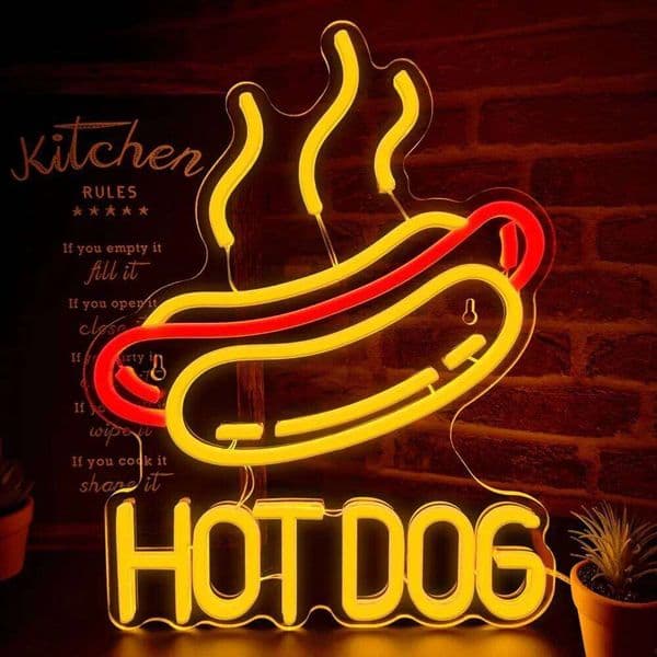 USB Dimmable Hot Dog Neon Sign with Realistic Steam LED Light for Kitchen Diner Bar Home Decor Fun Food Themed Wall Art Gift 26L0330