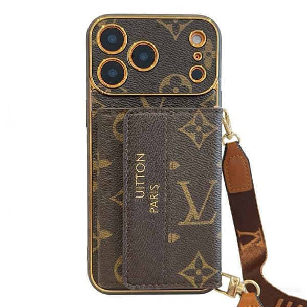 17 pro max Phone Case Designer - iPhone Case with Crossbody Wallet & Card Holder for Apple iPhone 17 15 Pro Max 14 Plus 13 12 S25 S24 Ultra - Gold Edging Lanyard Mobile Cover