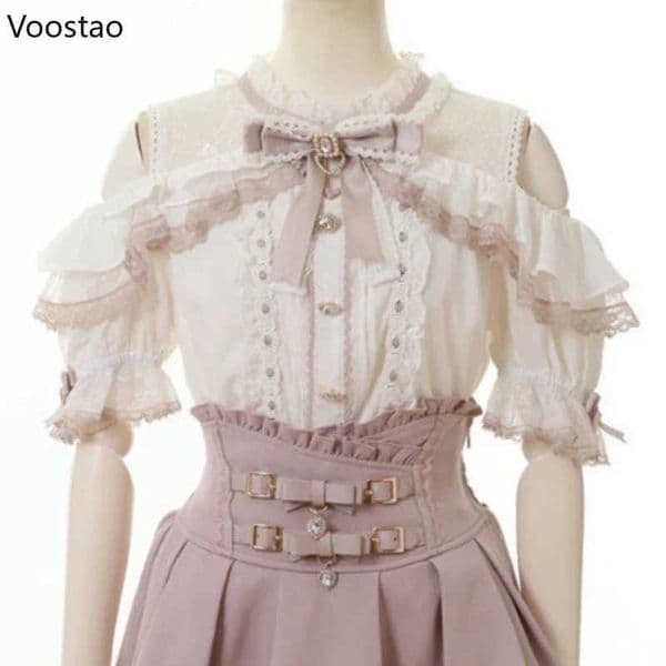 Japanese Swt Lolita Blouses Women Elegant Love Heart Bow Off Shoulder JK Shirt Girls Casual Lace Ruffles Blusas Mujer Tops L260330