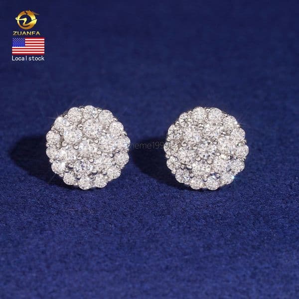 Fully Iced Out Moissanite Diamond Earrings Cluster Pass Diamond Tester 925 Silver Round Paved Moissanite Screw Back Earrings