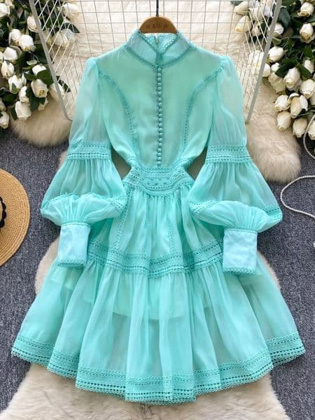 Womens Spring French Court Style Lantern Sleeve Dress Crochet Embroidery Lady Royal Temperament Maxi Dress 260325
