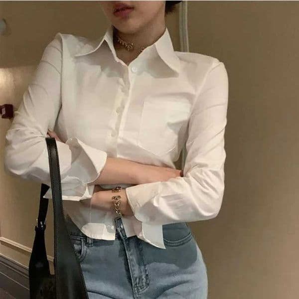 Korean White Office Women Chiffon Shirt Pocket Button Lapel Ladies Blouse Spring Commuter Long Slve New Female Crop Tops L260330VE3X