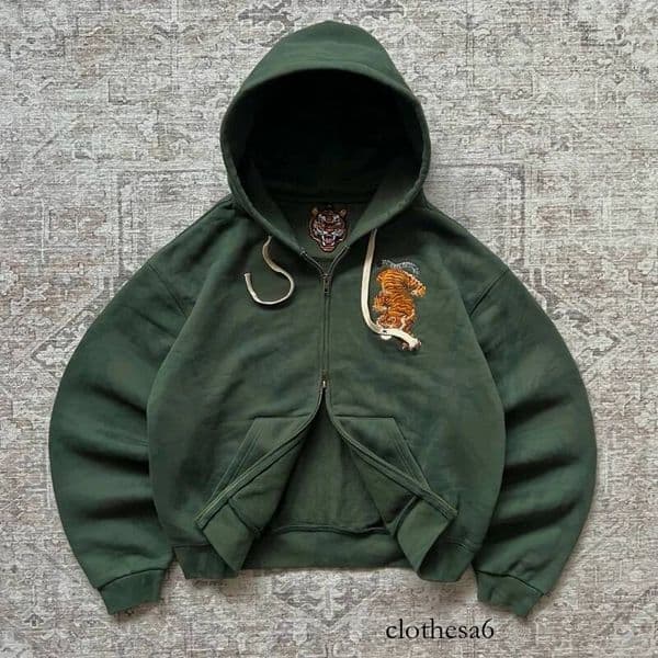 Y2K Retro Hoodie Tiger Jaw Embroidery Double Zippers Sweatshirt Men Harajuku Trendy Casual Streetwear Unisex Oversized Clothing