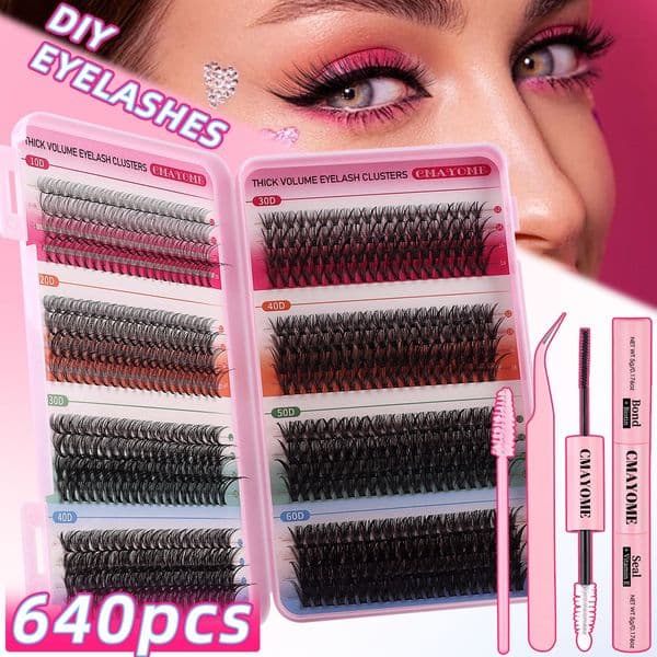 DIY Eyelash Extensions Fluffy Wispy D Curled DIY Cluster Lashes Set with Lash Adhesive Natural Thick DIY Lash Kits Accent Lashes Natural Look Easy Appication