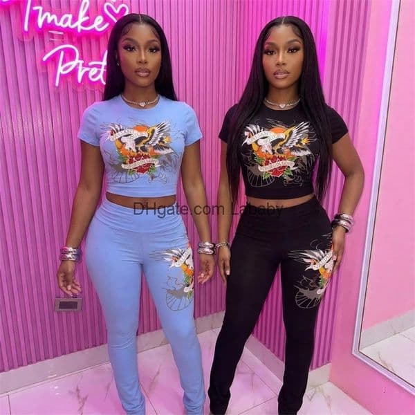 Womens Designer Tracksuit Fashion Sexy Two Piece Set Printed Slim-Fit Short-Sleeve Top Tshirt Long Pants Sets For Women Outfits