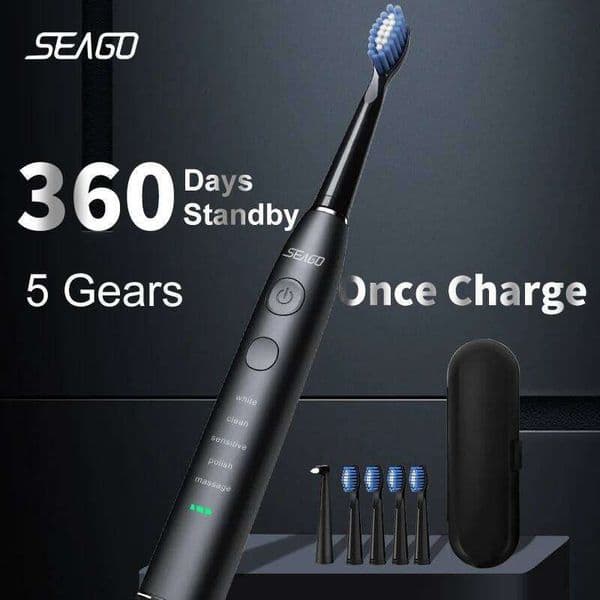 Seago Electric Toothbrush USB Rechargeable Adult 360 Days Long Battery Life Ipx7 4 Replacement Heads Travel Box Sg-575