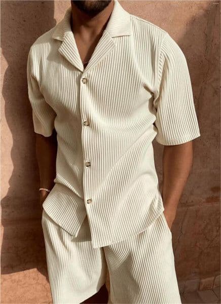 Men's Tracksuits Spring/summer Plain-color Corduroy Costume Short Sleeve Shirt And Extensible Shorts Casual Beach