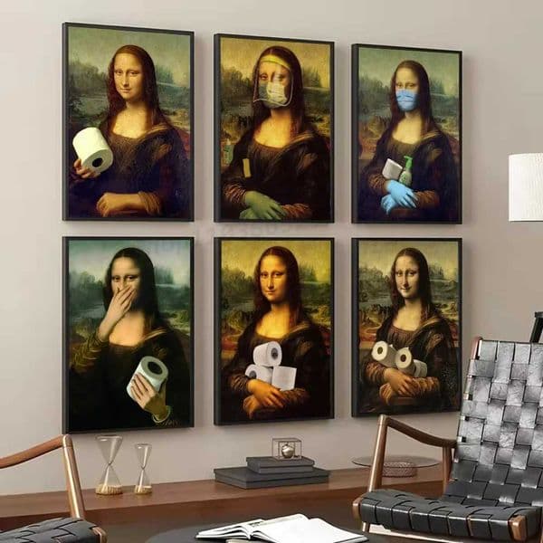 1pc Funny Toilet Mona Lisa Wearing Pearls Girl With Roll Paper Poster Self-adhesive Art Waterproof Paper Sticker Wall Decor X260328