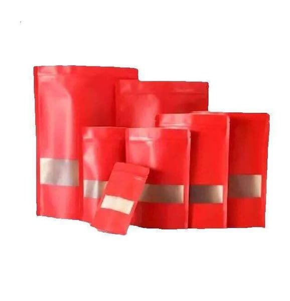 Thick Red Kraft Stand Up Self seal Bags With Window Heat Sealable Candy Coffee Snacks Craft Paper Package Pouches 5
