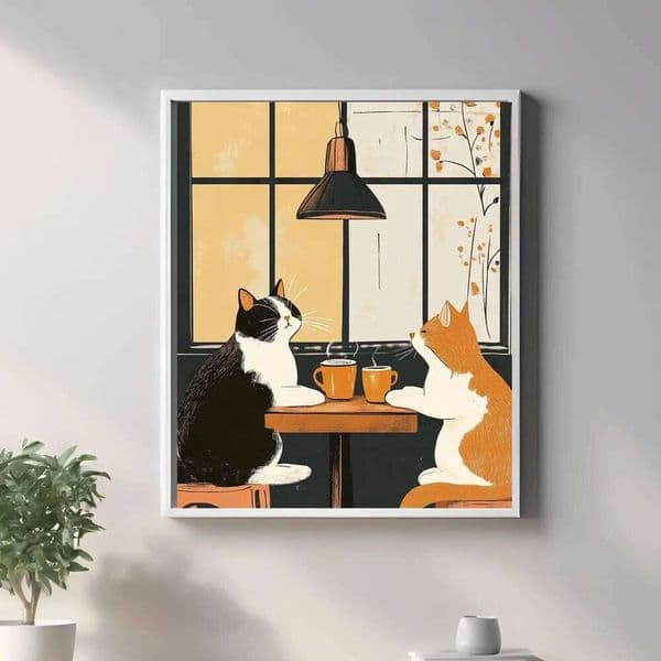 Wall Art for Tabby and Tuxedo Owners Vintage Cafe Print Black Cat Coffee Poster Unique Funny Animal Kit 26Y0330