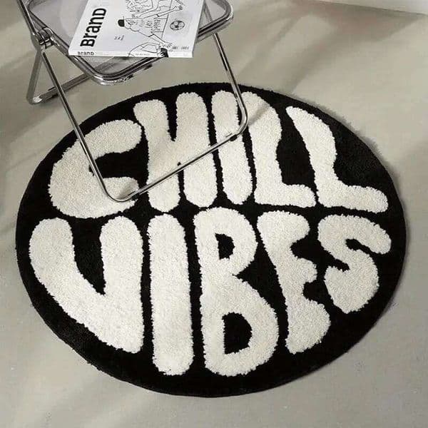 VIKAMA American Streetwear Round Rug Letter Design: CHILL VIBES Soft and Skin-Friendly Living Room & Bedroom Home Decor 26H0330
