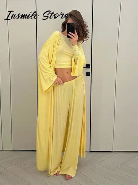 Casual Solid Women 3 Pieces Suits Vneck Long Coats Oneck Slim Top Wide Leg Trousers Spring Summer Fashion Female Sets 260330