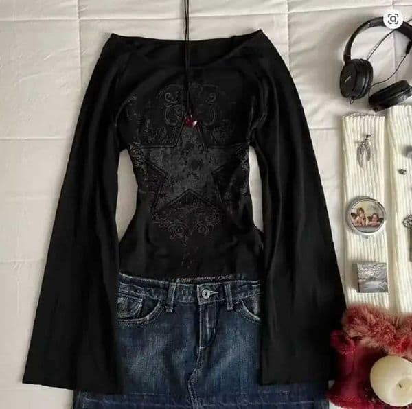 Y2K Grunge Emo Pattern Top Suitable for Autumn E-Girls Millennium Style Womens Aesthetic Gothic Printed Loose Long Slve T-shi L260330