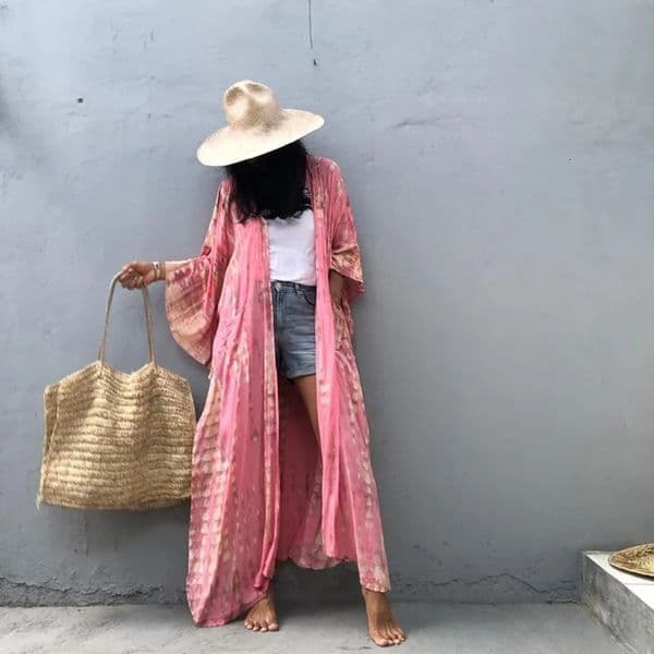 Women Bathing Suit Cover Up Long Beach Kimono Curve Hem Loose Open Front Tie Dye Wear 260316