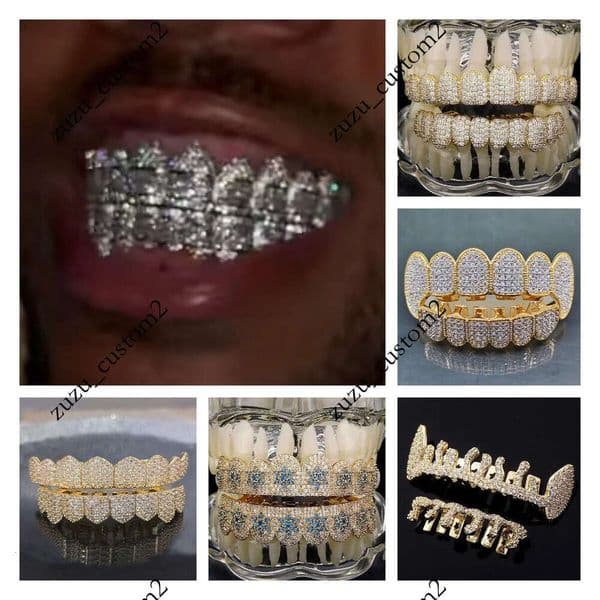 18K Real Gold Punk Hiphop Dental Mouth Grillz Bling Cubic Zircon Rock Vampire Teeth Fang Grills Braces Tooth Cap Rapper Jewelry for Cosplay Party Halloween