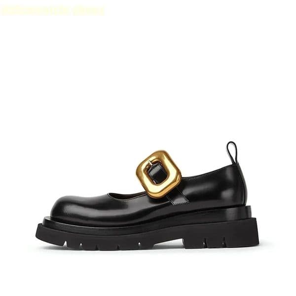 Metal Buckle Loafers Leather Shoes for Women Black Round Toe Platform Slip On Mary Jane Shoes 2026 Spring Fashion Casual Shoes 260330