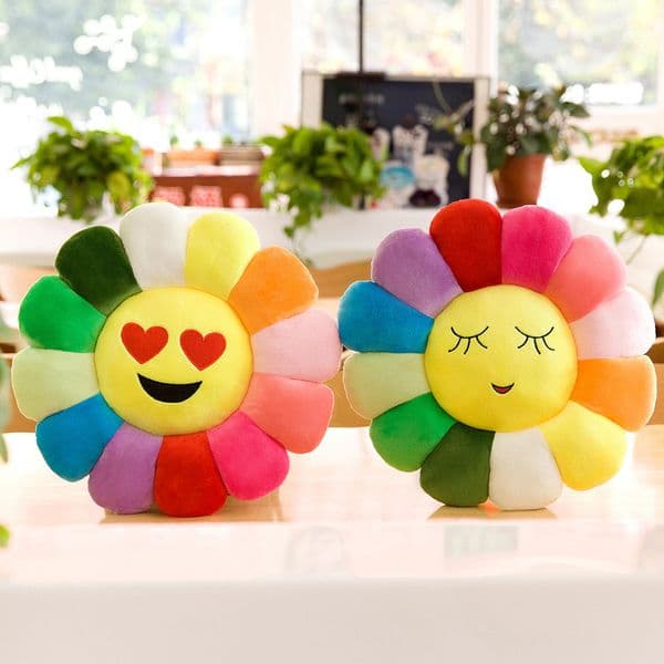 2pcs new Colorful Rainbow Plush Cute Smile Flower Pillow Sunflower Stuffed Soft Office Sleeping Back Cushion Sofa Decorations Cartoon plush toy backrest