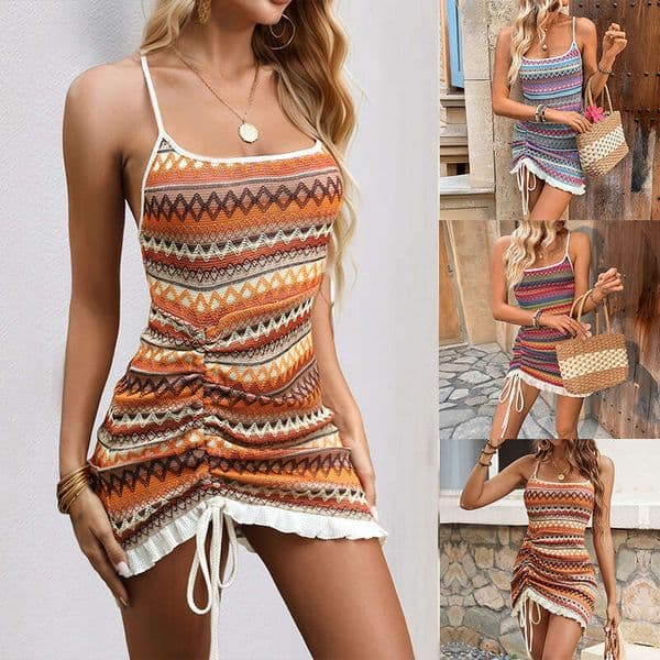 Amazon Summer Beach Vacation Strap Ethnic Style Colorful Embroidered Sexy Dress